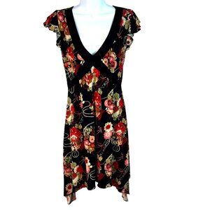 Pink Troop Y2K Black Floral Print Flutter Sleeve V-Neck Cocktail Dress Size S